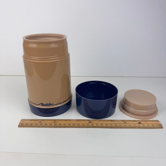 Vtg Aladdin Plastic Travel Thermos Tan Blue Pint Wide Mouth Decor Upcycle READ - Picture 6 of 11